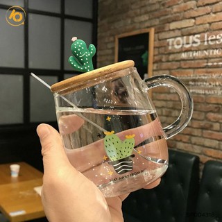 Cốc thủy tinh uống Trà, Cafe độc đáo kèm thìa inox nắp gỗ gắn hình cây xương rồng, dâu tây 400ml - SP004318