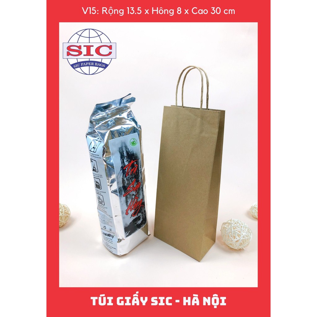 [SET 100 CHIẾC] TÚI GIẤY KRAFT V15: 13.5x8x33 MÀU NÂU CÓ QUAI ( ẢNH THẬT)