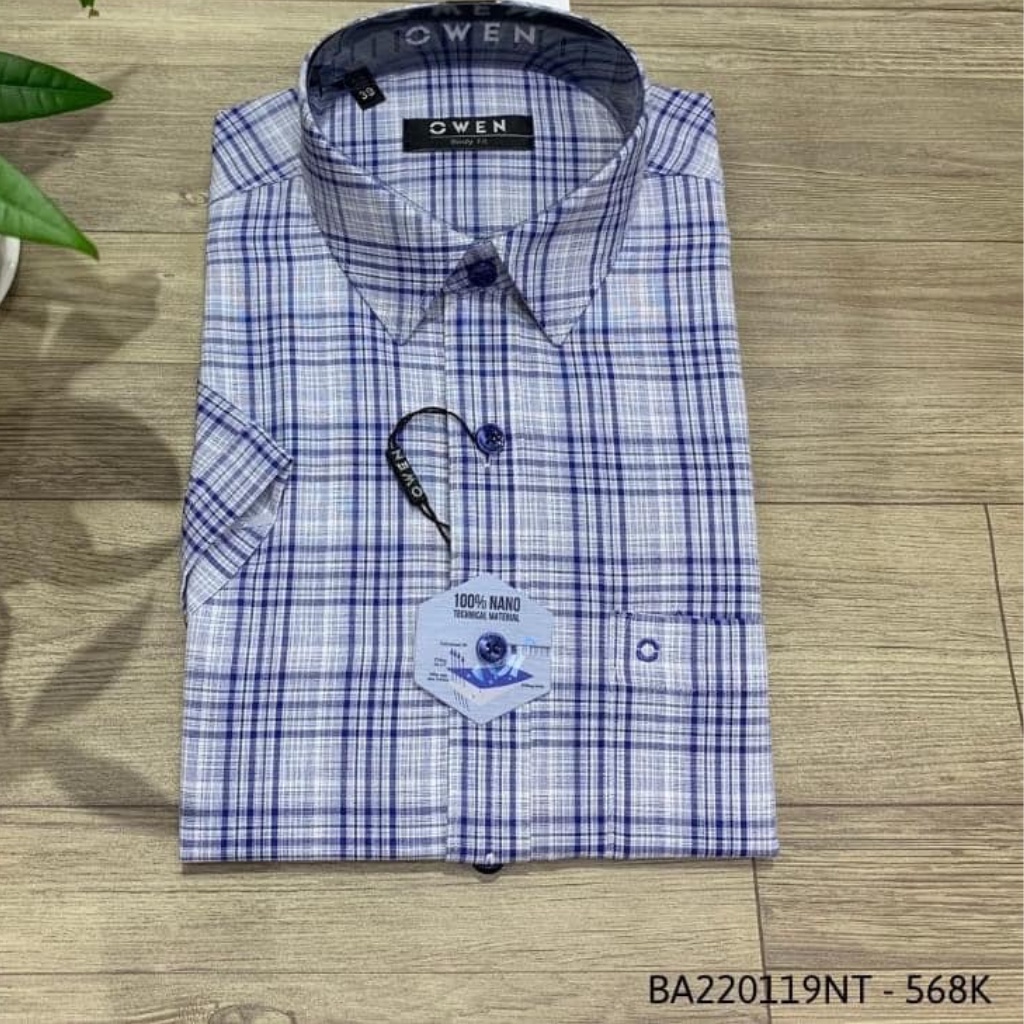 Áo sơ mi nam ngắn tay OWEN BA220119NT somi công sở vải nano cao cấp màu caro trắng xanh dáng suông tà bằng có túi