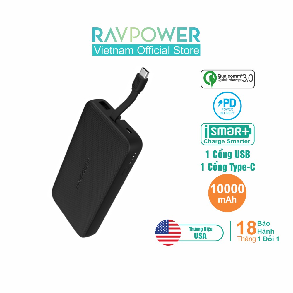 [Mã ELTECHZONE giảm 5% đơn 500K] Pin Sạc Dự Phòng RAVPower 10000mAh PD 18W, Tích Hợp Cáp Type-C RP-PB161