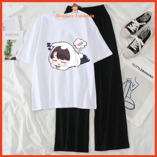 Hàng Loại 1: Set Đồ Nữ Đi Chơi Đi Học MONKEY FASHION, Sét Đồ Bộ Nữ Cotton Áo Phông In Bé Nằm Mơ Mix Quần Thun Ống Rộng