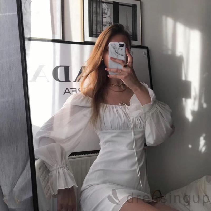 Đầm cổ vuông dài tay thiết kế dây thắt trước ngực thời trang nữ | BigBuy360 - bigbuy360.vn