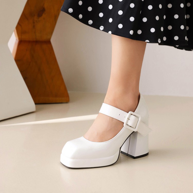 Giày Cao Gót Da Bóng Mũi Vuông Đế Dày Chống Thấm Nước Phối Khóa Cài Phong Cách Retro Cho Nữ Size 34-48