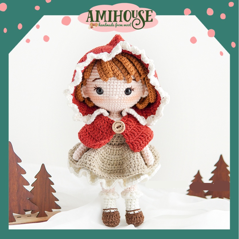 Búp bê Quàng khăn đỏ bằng len móc handmade cho bé, búp bê len móc, 100% sợi cotton - Ami House