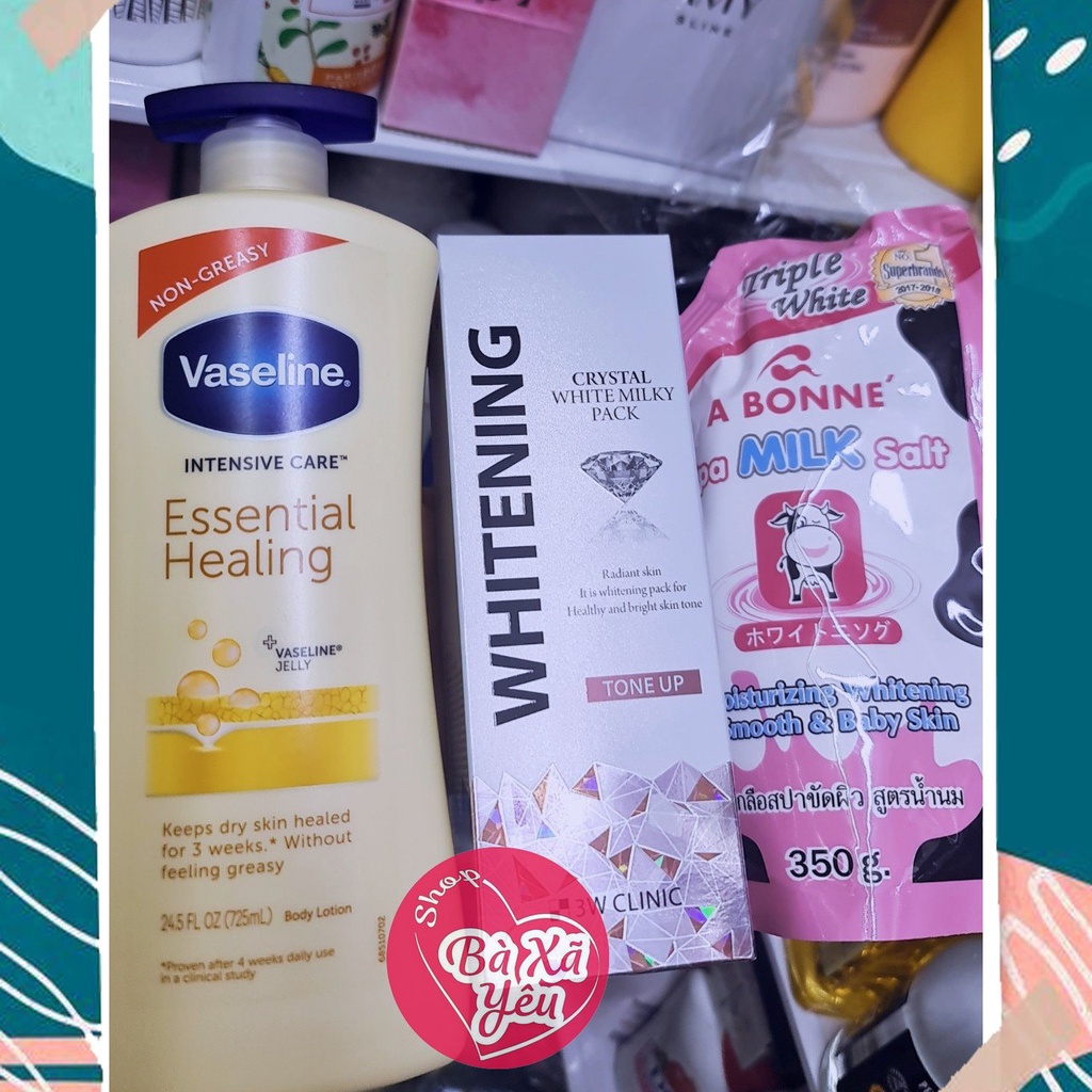 Combo Dưỡng Thể VASELINE Vàng + Kem tắm trắng 3W Clinic Crystal White Milky Pack 200g + Muối Tẩy Tế Bào Chết - BX3890