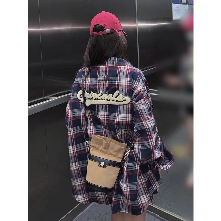 Áo Sơ Mi Caro Tay Dài Dáng Rộng Màu Sắc Tương Phản Phong Cách Hàn Quốc Thời Trang Mùa Thu Cho Nữ