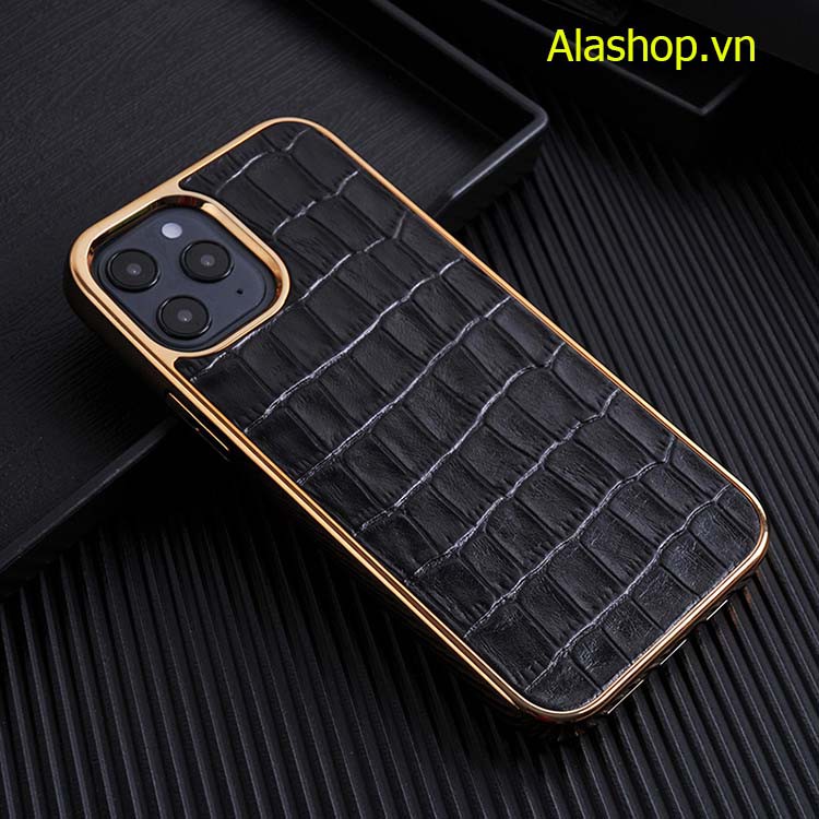 Ốp lưng da iPhone 12 pro max vân cá sấu viền mạ crom sang trọng