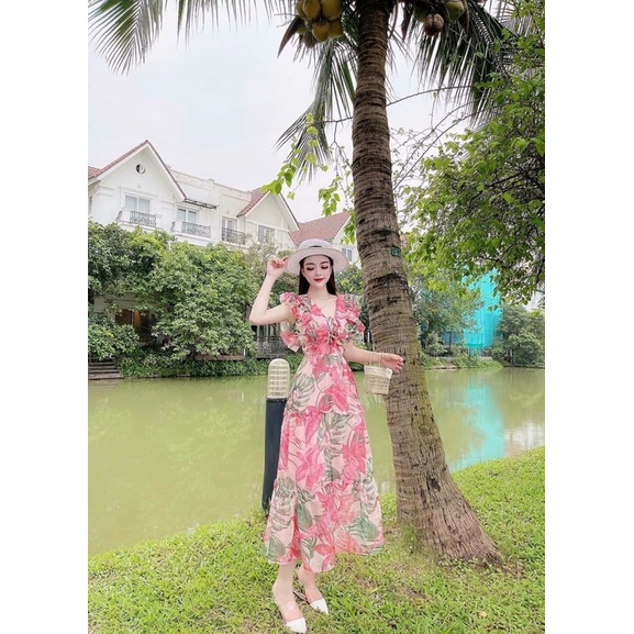 Đầm maxi hoa cánh tiên cổ V đan dây ngực 3 màu