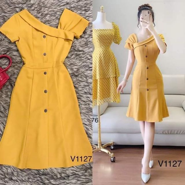 SHOP XUÂN ĐÀM. Đầm sơ mi công sở cổ xéo, ngắn tay. Đầm màu vàng vải sơ mi không co giãn. Phù hợp với chị em làm công sở