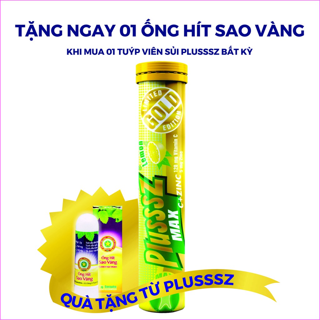 {Mua 1 tặng 1} Viên sủi Plusssz Max Vitamin C vị Chanh không đường tặng 01 ống hít Sao Vàng thông mũi