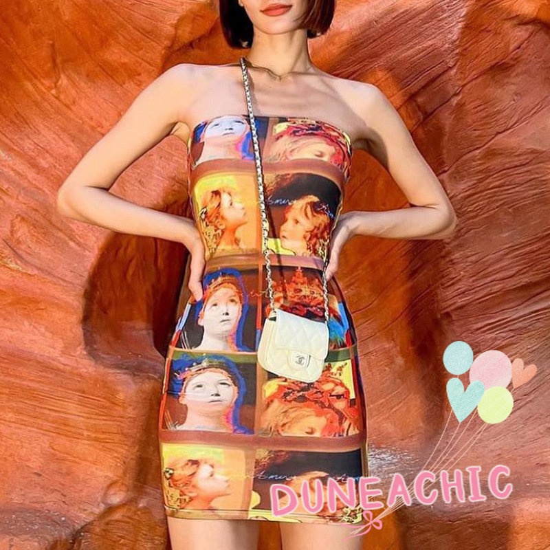 DUNEA Đầm Ôm Không Dây In Họa Tiết Gợi Cảm Cho Nữ