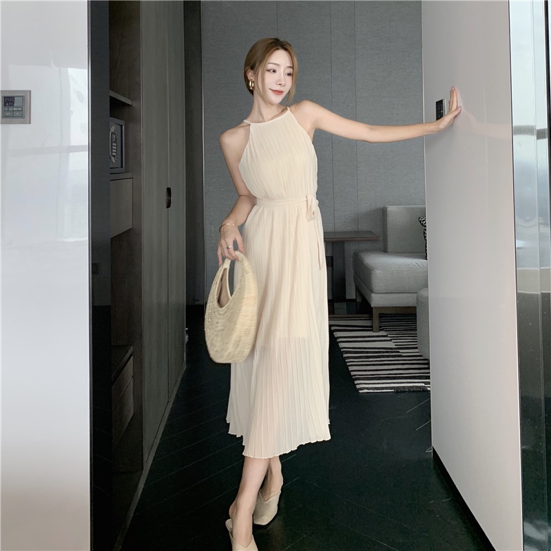 Đầm maxi trắng dập ly đi biển đi chơi đi du lịch Váy suông trắng dáng dài xếp ly