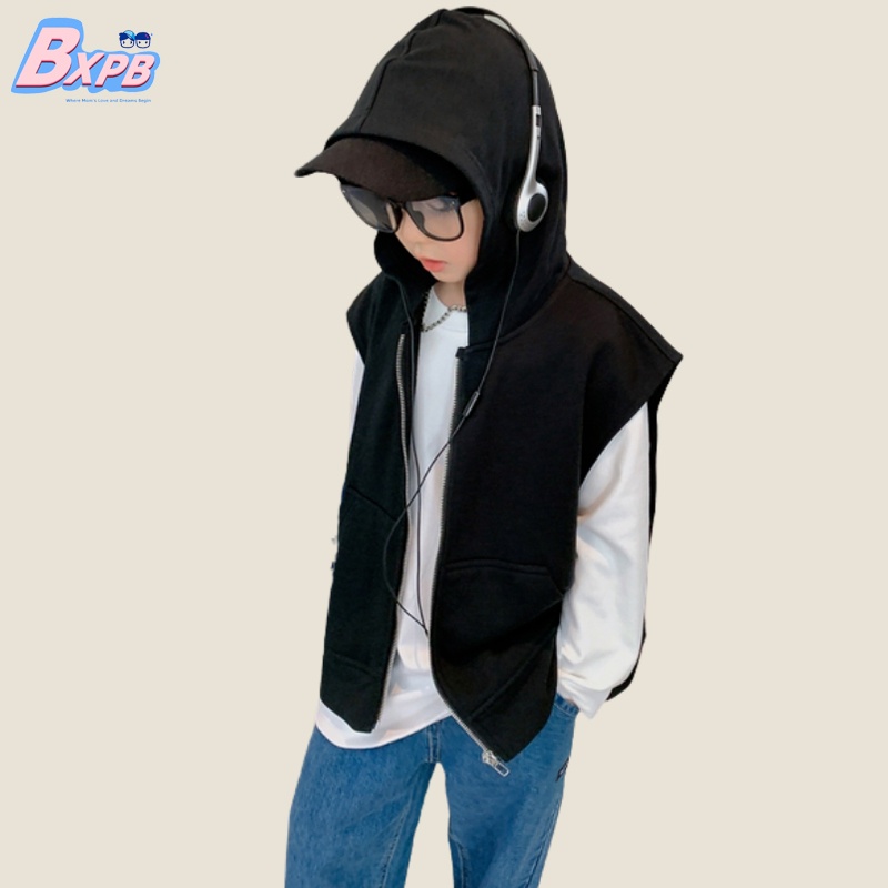 Áo hoodie không tay BXPB có khóa kéo phong cách Hàn Quốc thời trang năng động cho trẻ nhỏ 4-15 tuổi