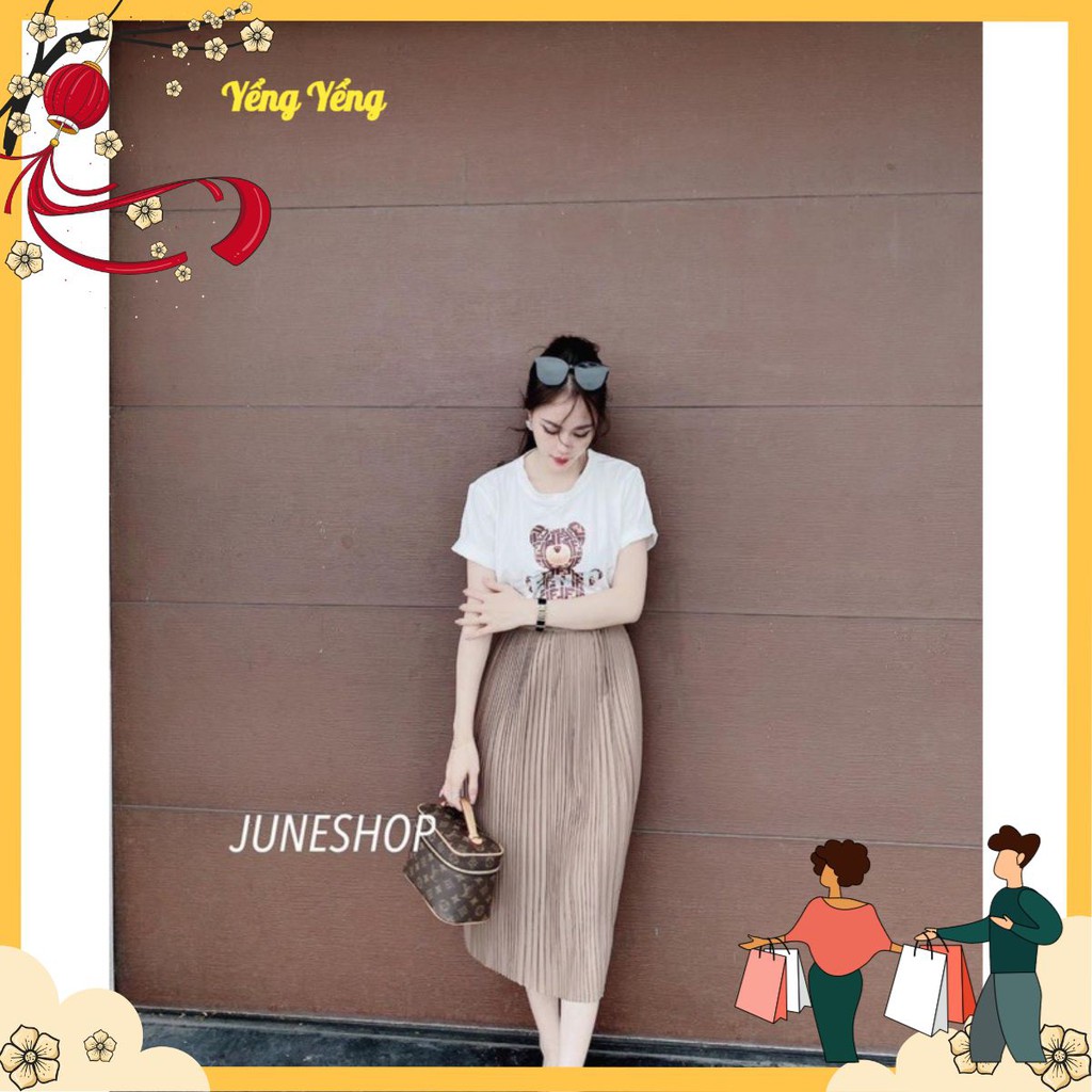 SNU158 - SET NỮ ÁO TRẮNG GẤU FF MIX CVAY DẬP LI NÂU