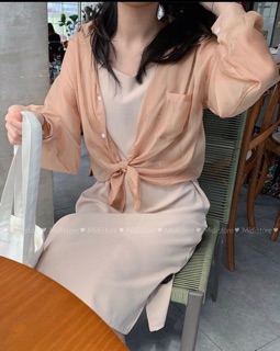 Sét váy 2 dây lụa kèm áo sơ mi voan
