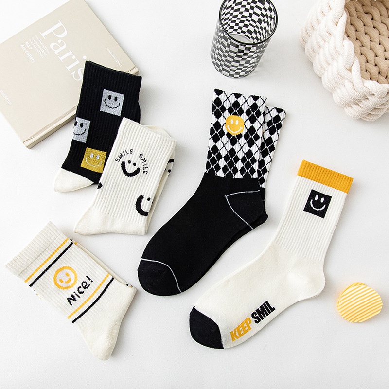 Tất cotton WAFNHA KAFU D377 cổ cao họa tiết hoạt hình mặt cười dễ thương