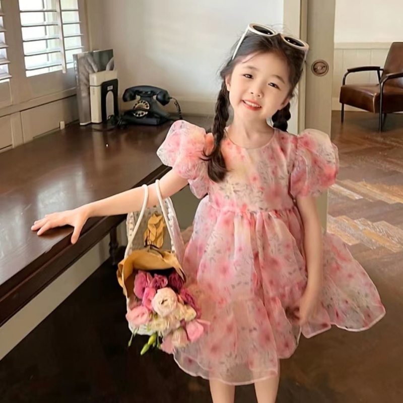 Đầm Công Chúa Tay Phồng Phối Lưới Họa Tiết Hoa Hồng Thời Trang Mùa Hè Cho Bé Gái