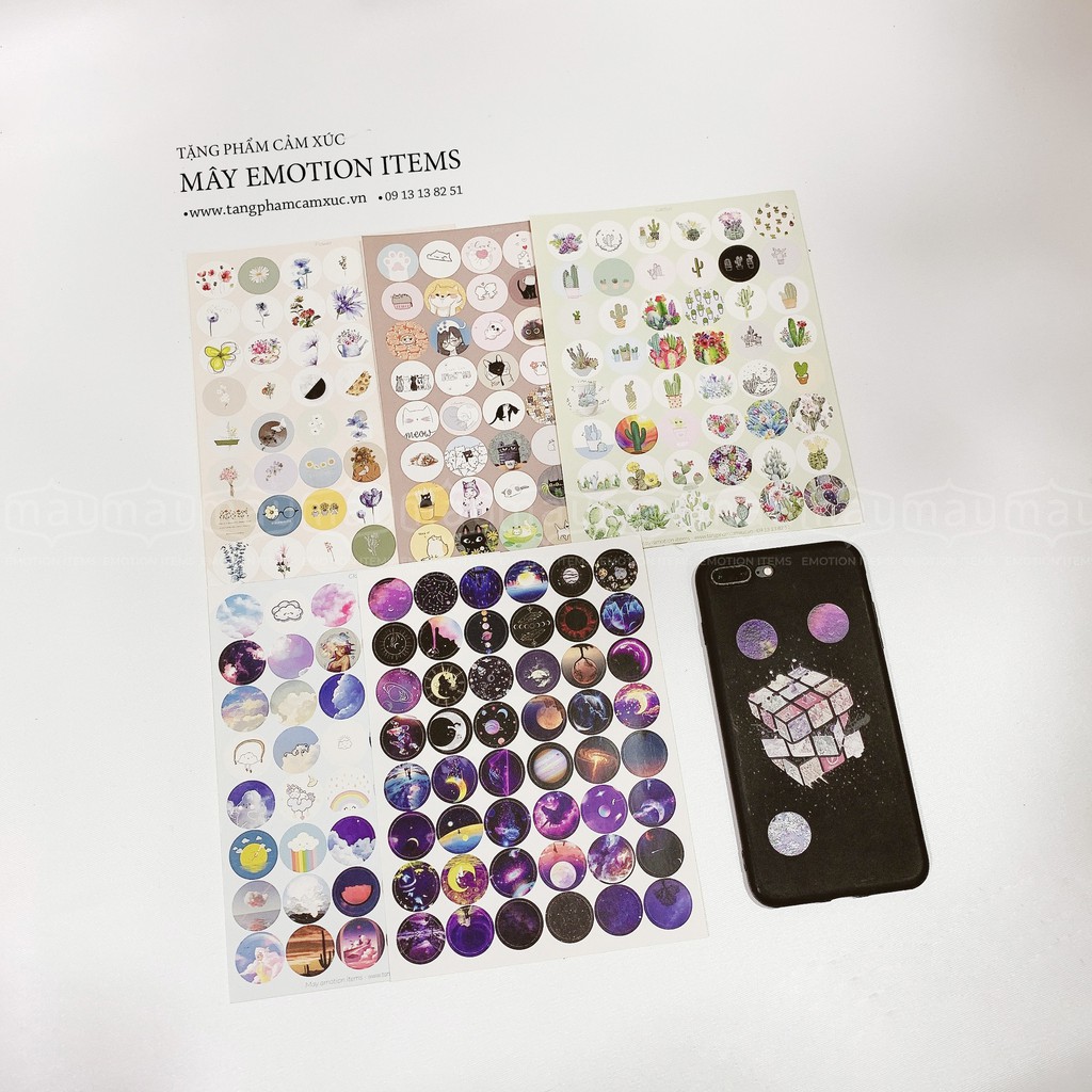 Sticker bế sẵn hình tròn nhiều chủ đề mặt cười, thú cưng, totoro, kawai set 47 hình/tờ A5