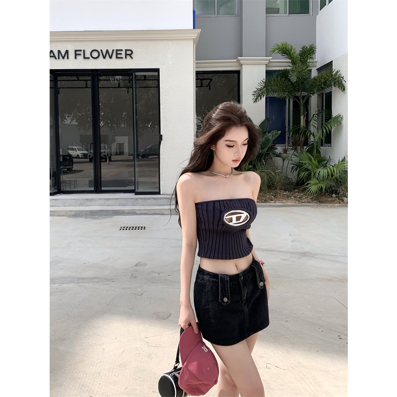 Cocory vn Áo Tank top Dệt Kim Mỏng Một Bên Vai Có logo Kim Loại Quyến Rũ Cho Nữ
