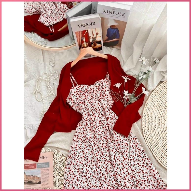 Đầm 2 Dây SONAITI Váy hoa nhí hai dây dáng dài kèm áo khoác croptop màu đỏ đẹp thời trang nữ dưới 53kg . .