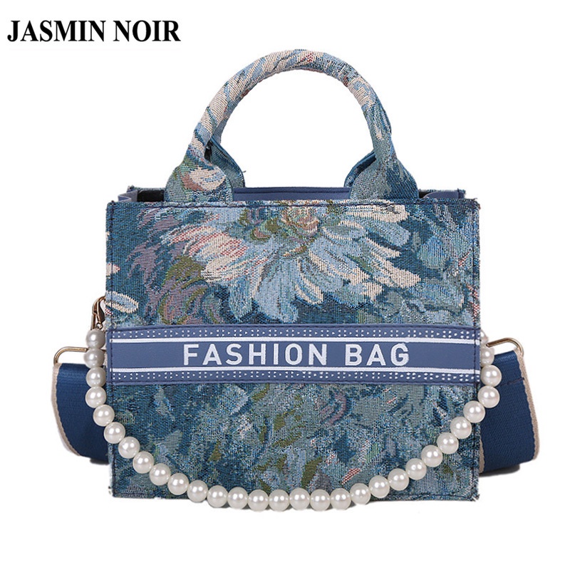 Túi đeo vai JASMIN NOIR bằng vải canvas hình vuông nhỏ phối dây ngọc trai thời trang cho nữ
