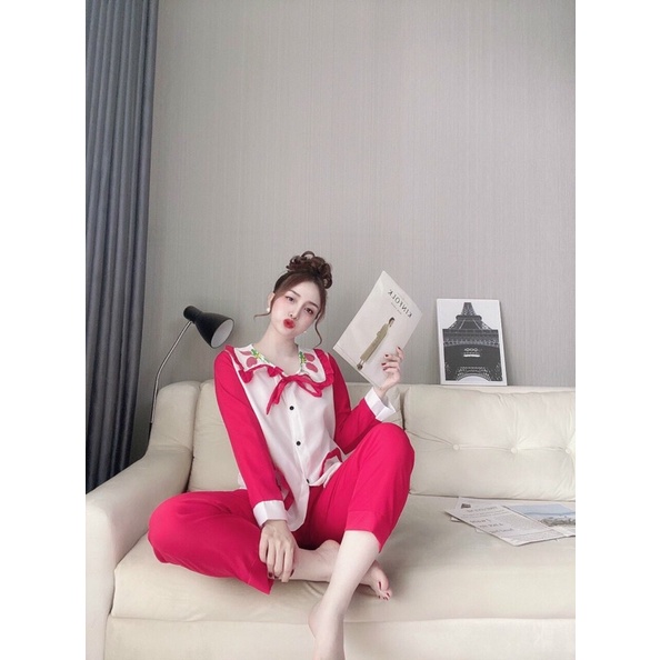 Set đồ bộ mặc nhà tiểu thư, cổ bèo thắt nơ, vải lụa hàn siêu mềm mịn, pijama tay dài quần dài