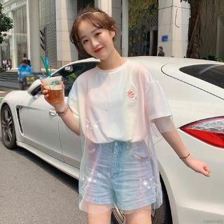 Áo thun tay ngắn phối lưới họa tiết thêu thời trang cho nữ