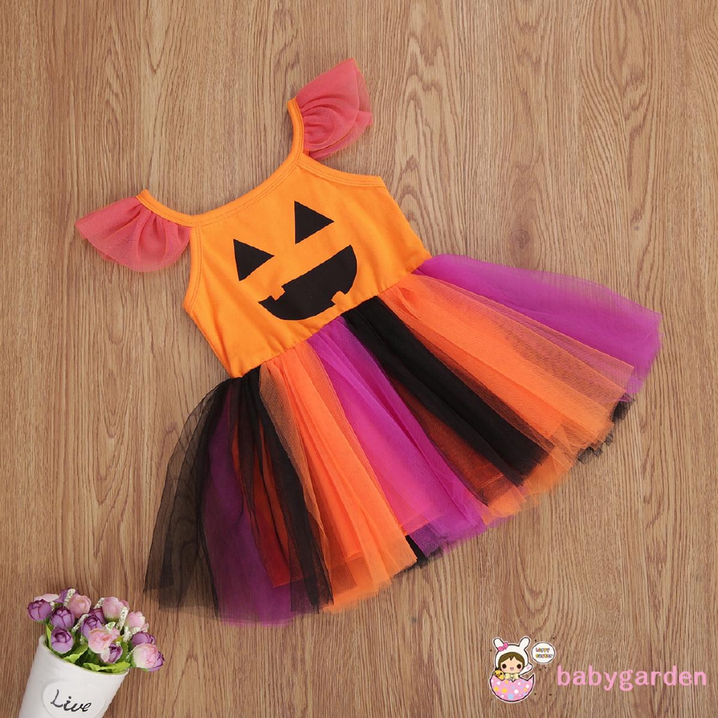 Đầm sát nách in họa tiết bí ngô phong cách Halloween thời trang cho bé gái 1-4T