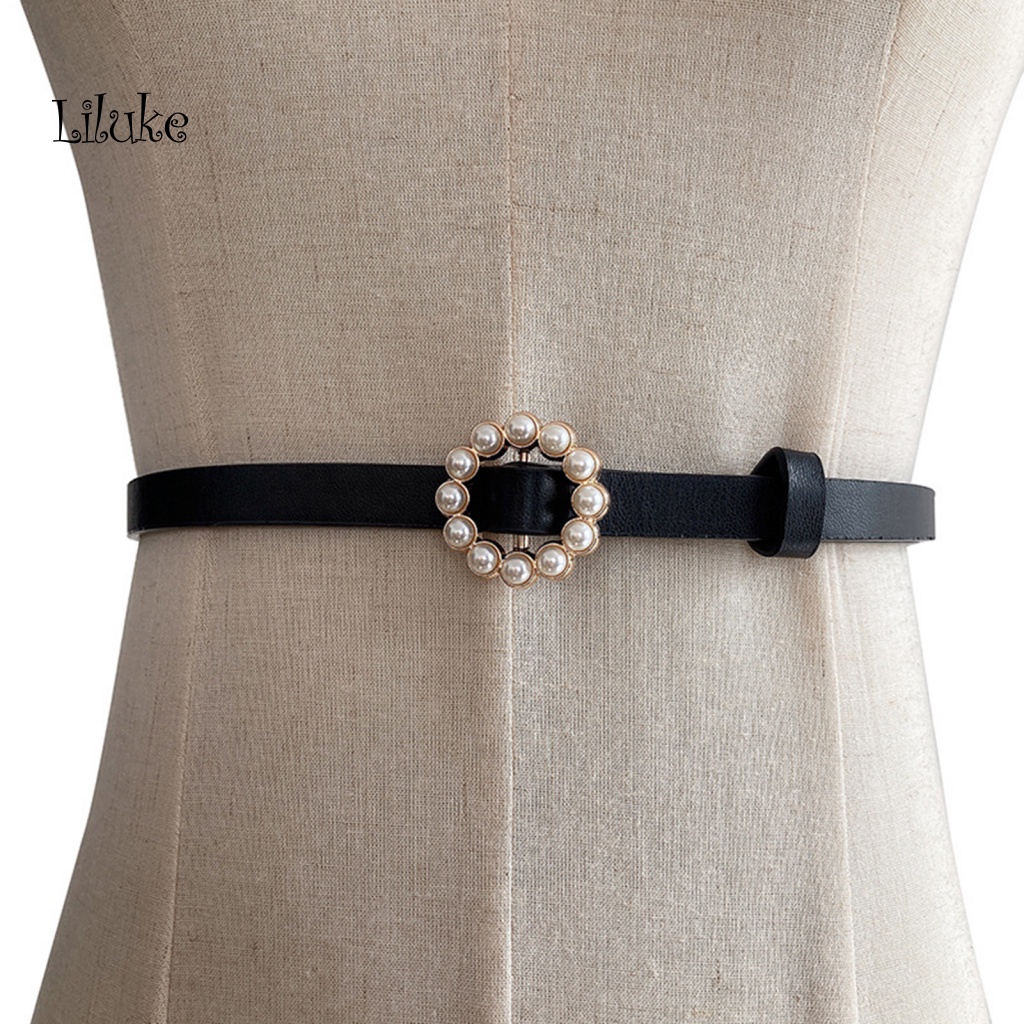 Thắt Lưng Dây Mảnh Giả Da Trang Trí Khóa Tròn Đính Ngọc Trai Xinh Xắn