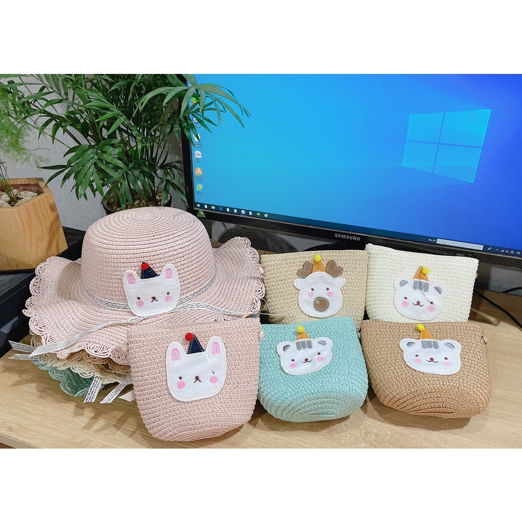 Set Nón mũ cói kèm túi xách hình động vật đáng yêu cho bé gái (2-6t)