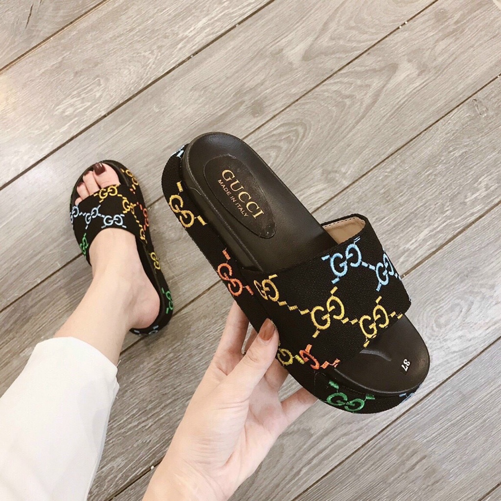 Dép quai ngang họa tiết GG thêu đế bọc phối màu cao 4 phân mẫu mới siêu Hot form chuẩn cực dễ mang dành cho nữ