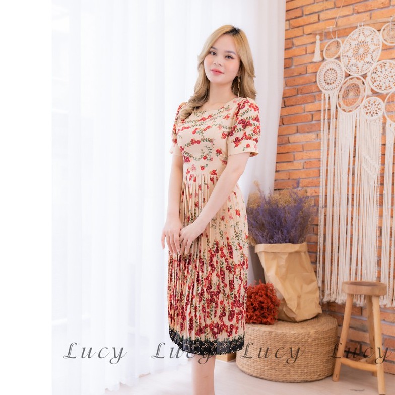 Đầm nữ dáng xoè lụa in hoa 3D Váy Lucy Hawai chân bông 2127