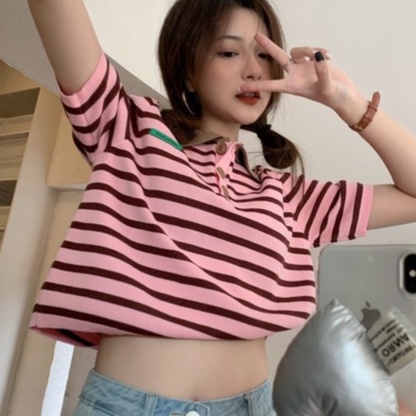 Áo thun polo ZHELIHANGFEI vải dệt kim ngắn tay kẻ sọc thời trang