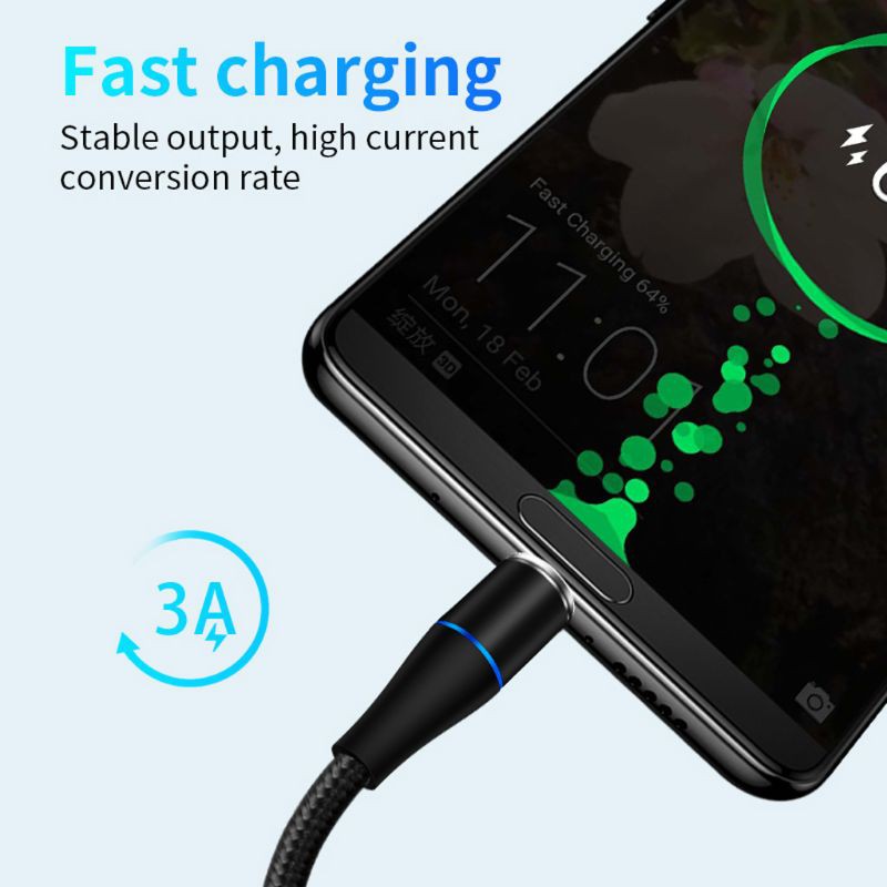 360 Rotation Round 3A Magnetic USB To Type C + Micro USB Male QC 3.0 Fast Charge Data Cable