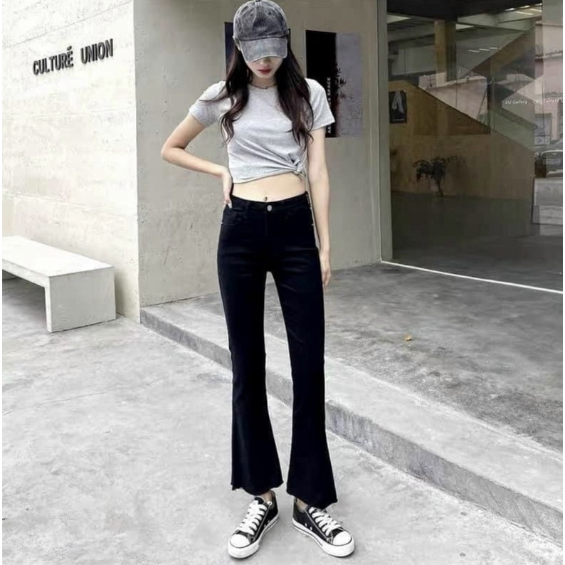 Quần Jean Ống Loe Cạp Cao Chất Vải Bò Giấy Co Giãn 4 Chiều Lên Form Dáng Xinh