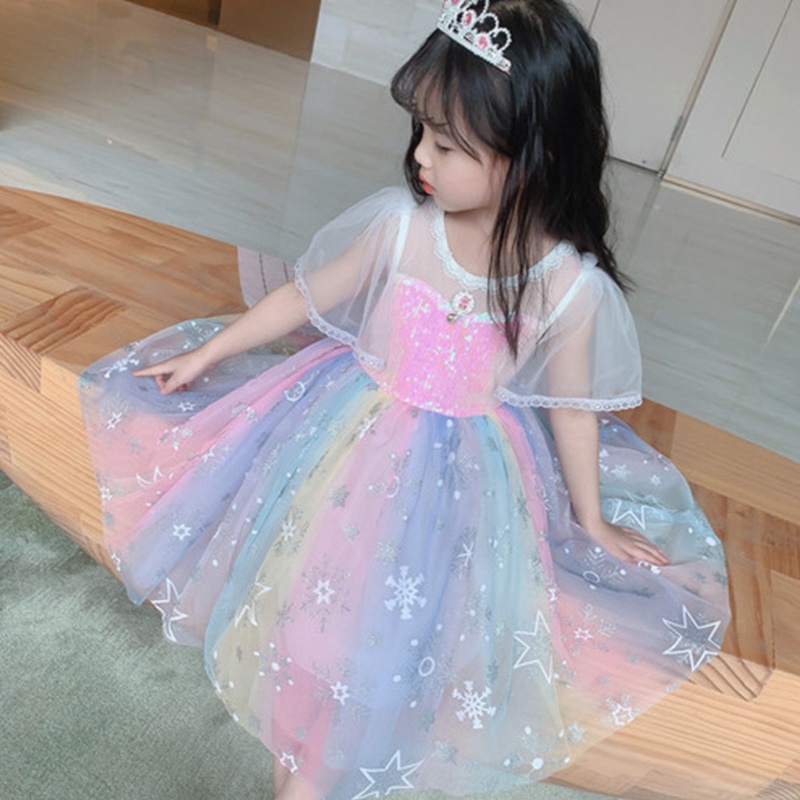 Đầm Công Chúa Tay Ngắn Đính Kim Sa Lấp Lánh Màu Cầu Vồng Xinh Xắn Cho Bé Gái