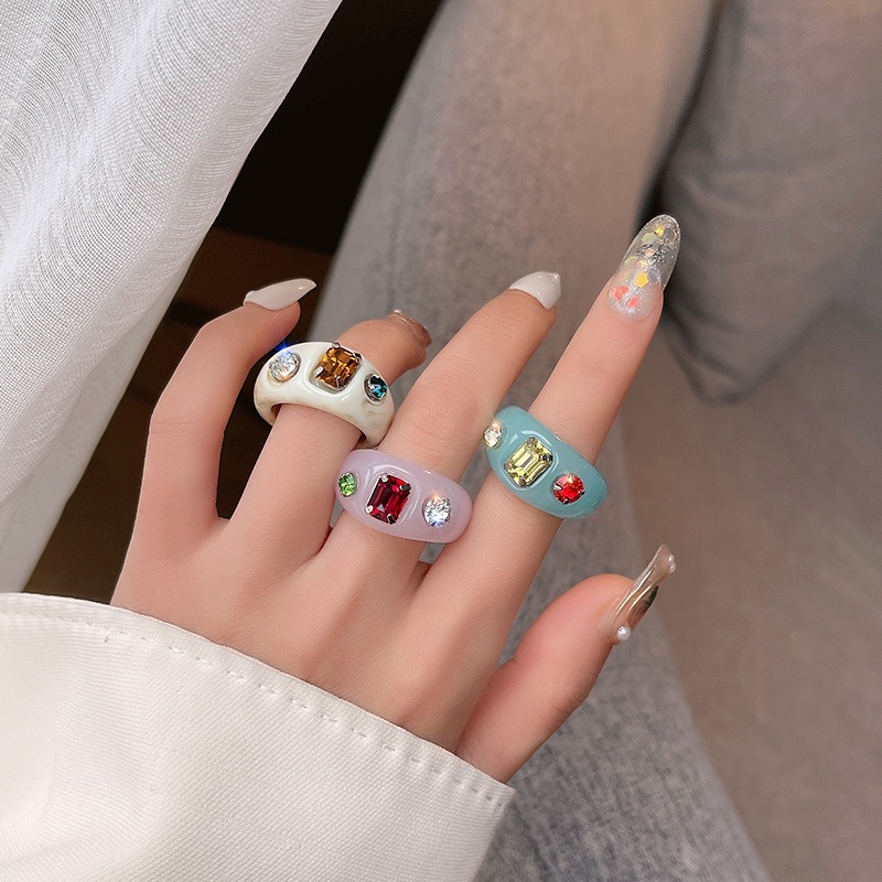 Nhẫn AY nhựa resin đính đá nhiều màu sắc thời trang Hàn Quốc cho nữ
