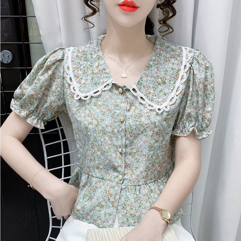 Áo Sơ Mi Voan Ngắn Tay Phối Ren Hoa Thời Trang Dành Cho Nữ