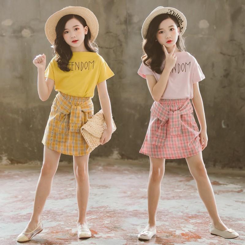 Bộ áo thun cotton ngắn tay + chân váy caro cho bé gái