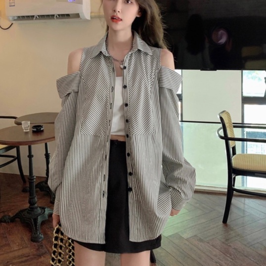 ZHELIHANGFEI Áo Sơ Mi Dài Tay Trễ Vai Họa Tiết Sọc Thời Trang Dành Cho Nữ