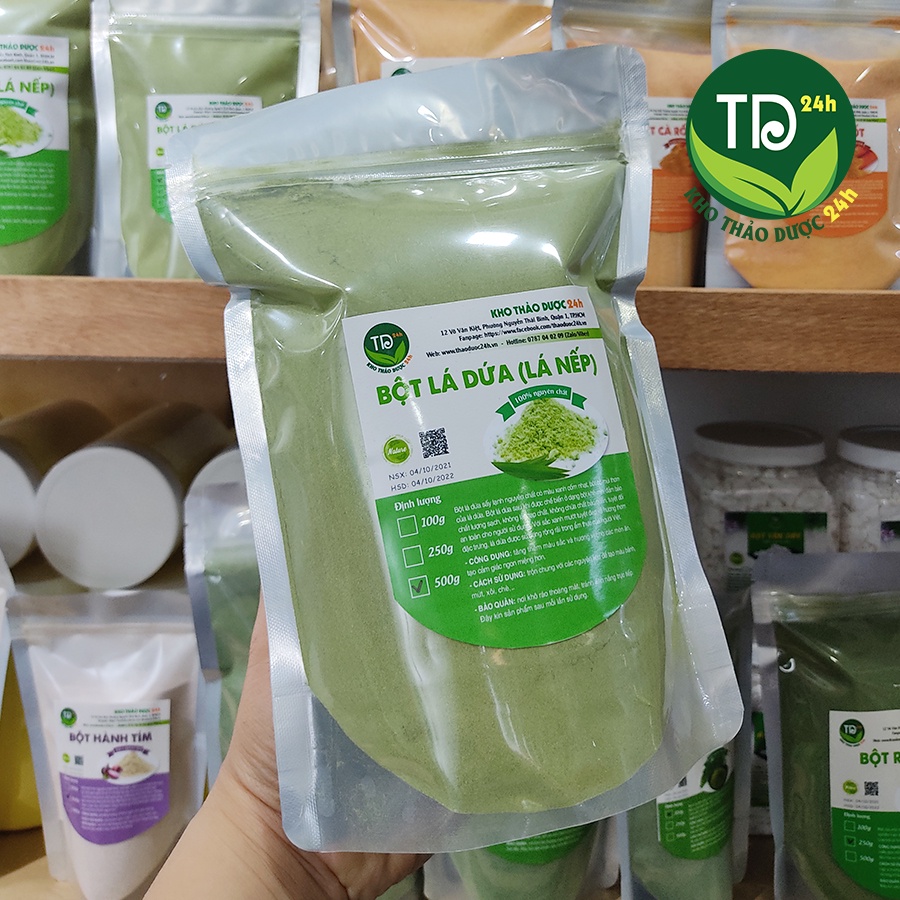 Bột lá dứa (lá nếp), tạo màu và mùi thơm tự nhiên cho xôi lá nếp, mứt dừa, thạch rau câu, các loại bánh, chè dưỡng nhan