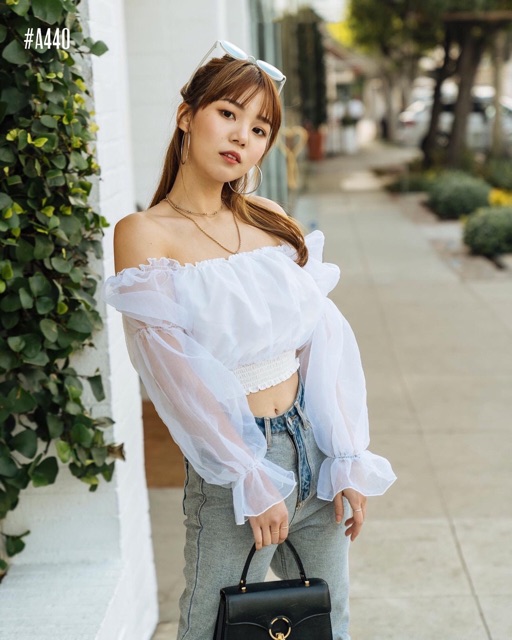 Áo xốp trễ vai tay bồng / Áo crop top Hà Lan Mắt Biếc