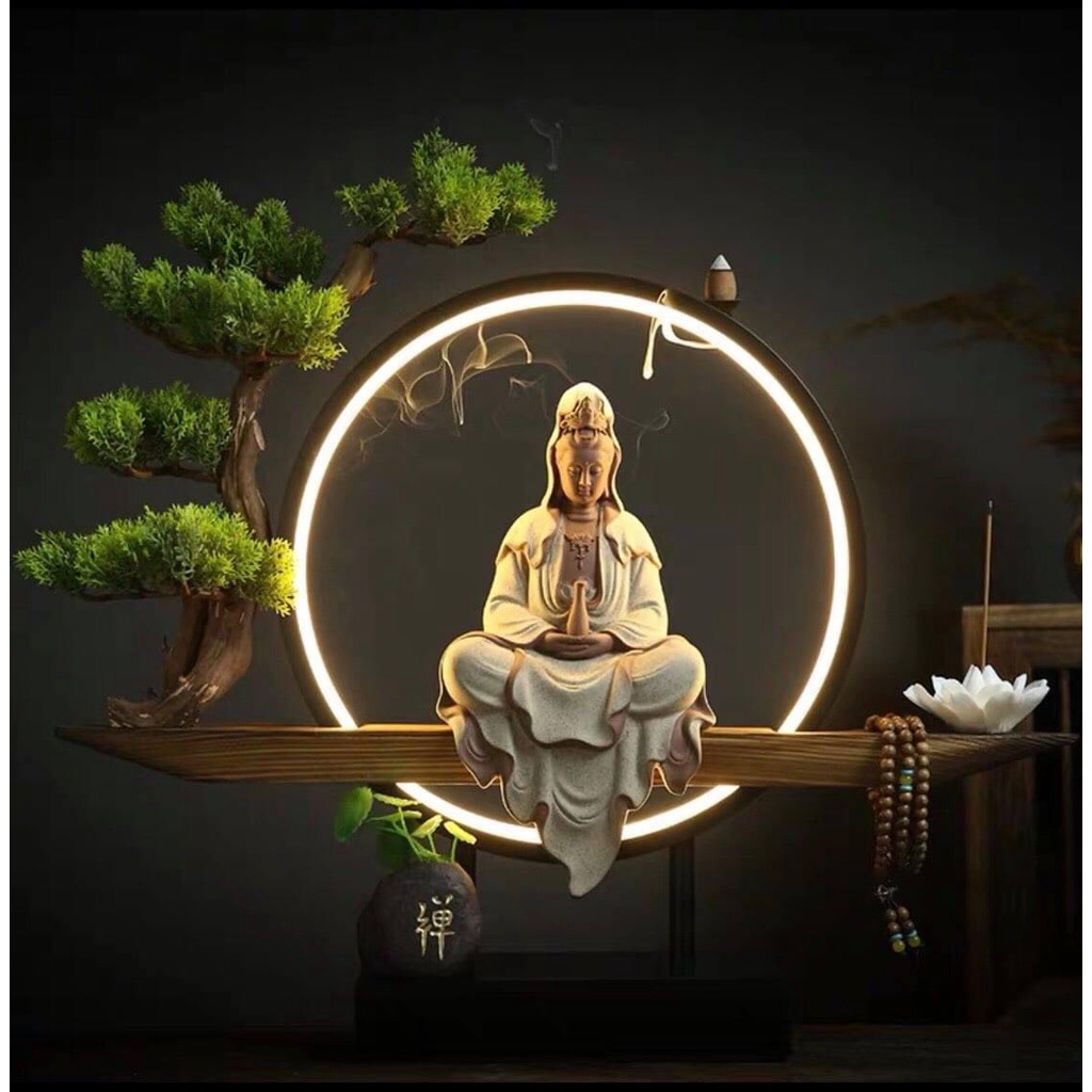 Thác Khói Trầm Hương Đèn Led -Tượng Phât +Phụ Kiện