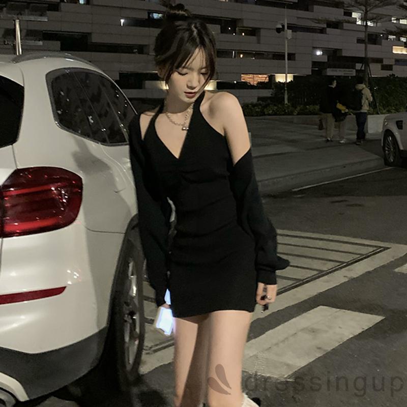 Đầm Hai Dây Cổ Chữ V Màu Trơn Thắt Nơ Lưng Cho Nữ