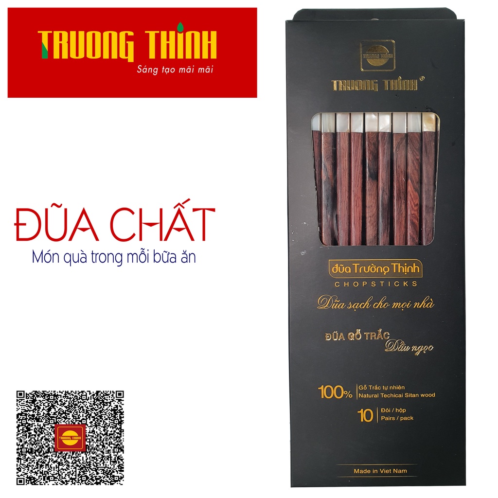 Đũa Gỗ Trắc Vân Đầu Gắn Ngọc Trắng - Hộp Màu Đen - 10 Đôi Vuông