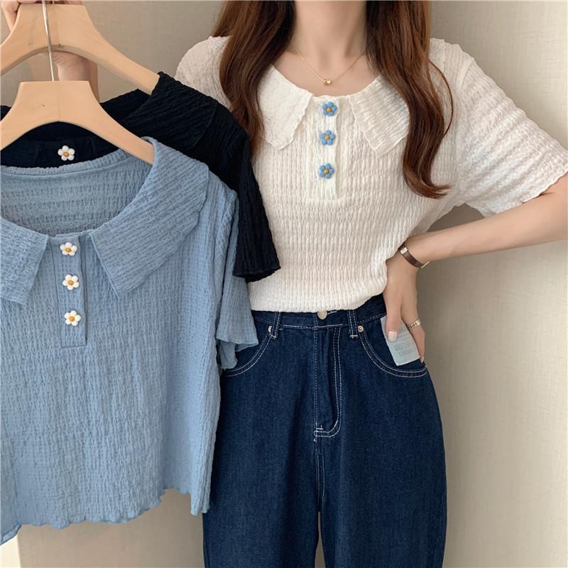 COZOK Áo Sơ Mi Ngắn Tay Cổ Búp Bê Họa Tiết Hoa Ngọt Ngào Thời Trang