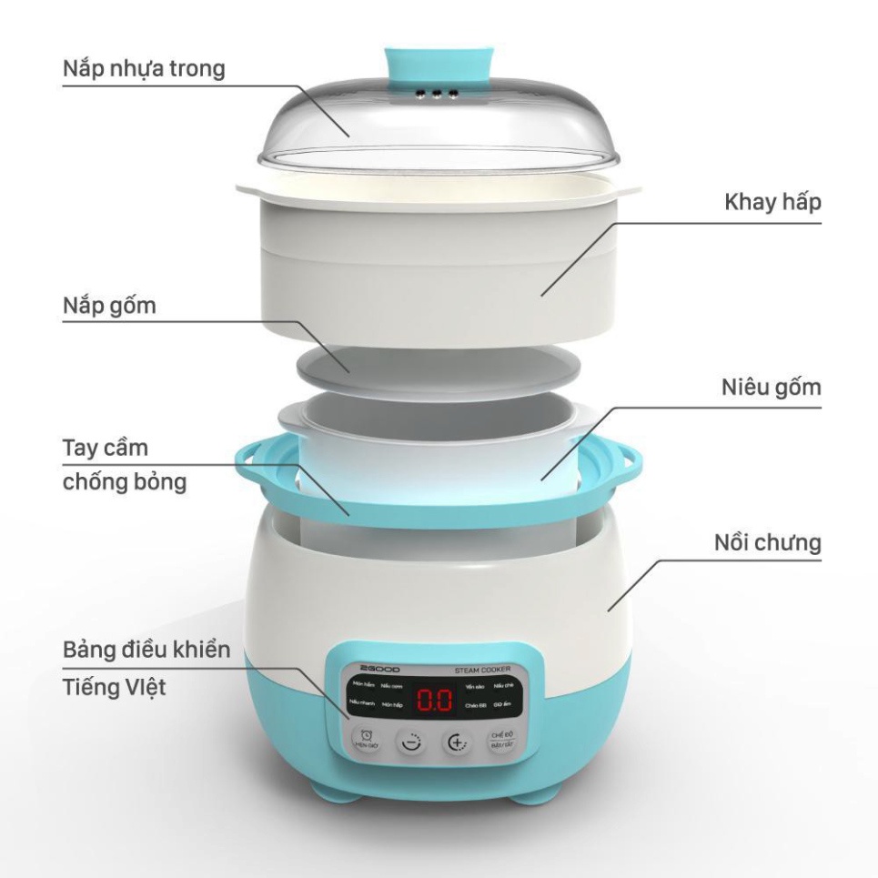 Nồi Hầm Chậm Cách Thủy 2GOOD A300 3.1 Lit ( Niêu gốm 1,6L + Lồng hấp 1,5L  Chính hãng