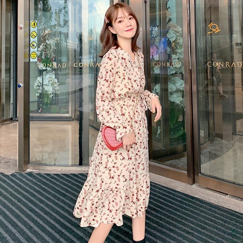 Đầm hoa nữ tay dài kiểu Hàn Quốc dịu dàng đáng yêu | BigBuy360 - bigbuy360.vn