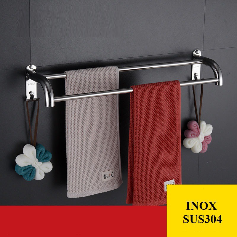 Giá Treo Khăn Phòng Tắm INOX 304, Thanh vắt khăn đôi nhà tắm kích thước 60cm lắp đặt dán tường gạch men - TTD60