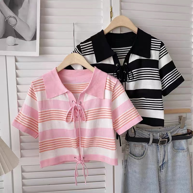 áo len dệt kim kiểu sọc cổ đức mix dây đan